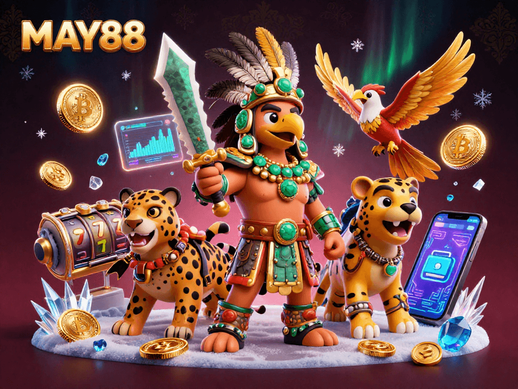 MAY88 offers an exciting gaming experience, featuring vibrant characters and dynamic gambling elements in an energetic casino scene.