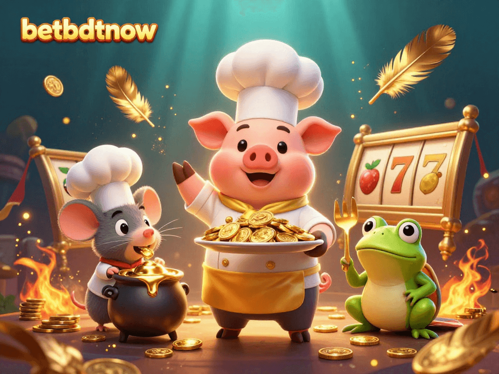 Place bets at betbdtnow with a vibrant 3D illustration of a pig serving gold coins against a casino backdrop.