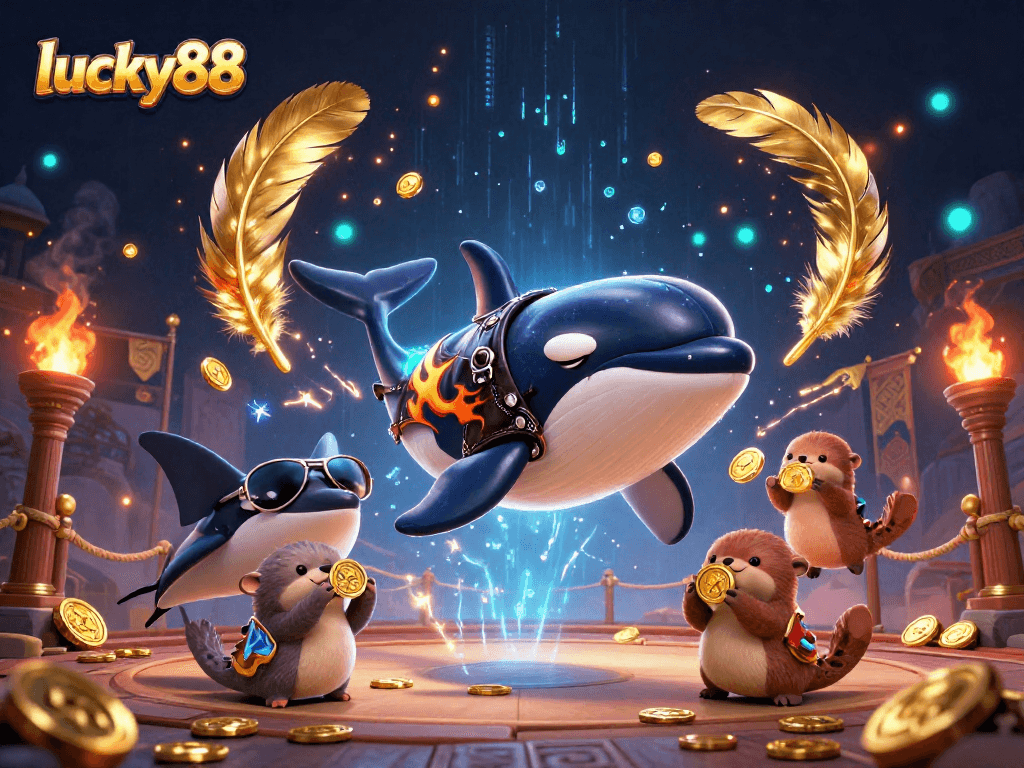Experience the thrill of lucky88 with a dynamic scene featuring aquatic characters celebrating with golden coins.
