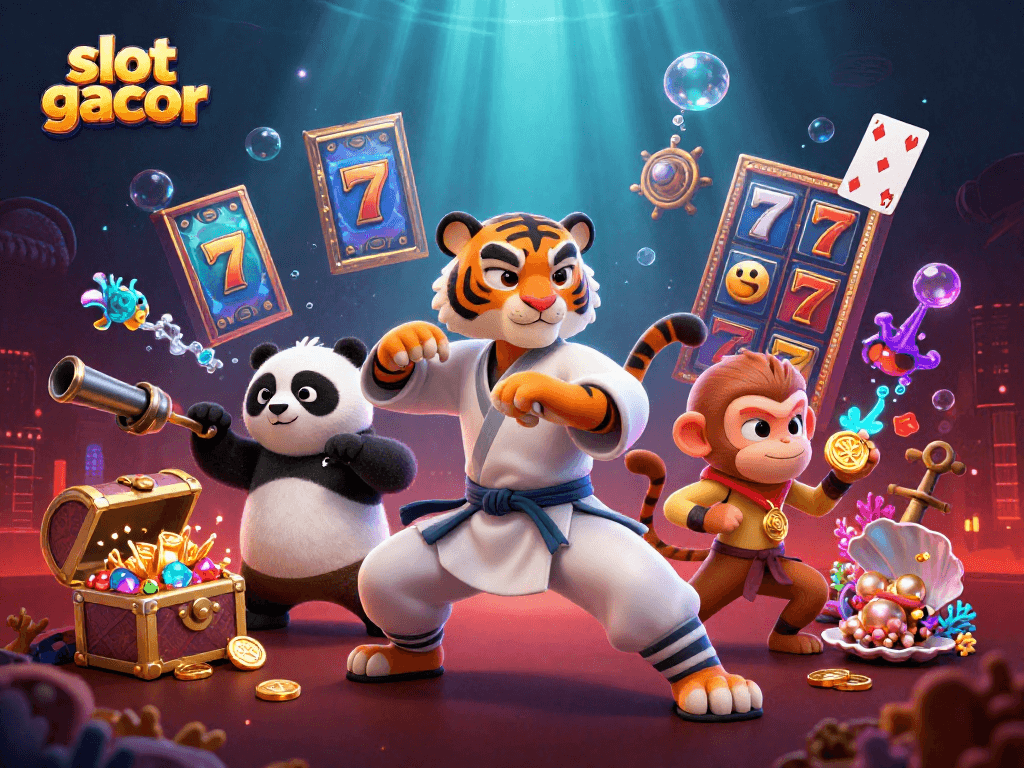 Engage in dynamic slot gacor games as a kung fu master, panda disciple, and mischievous monkey surround gold and treasure.