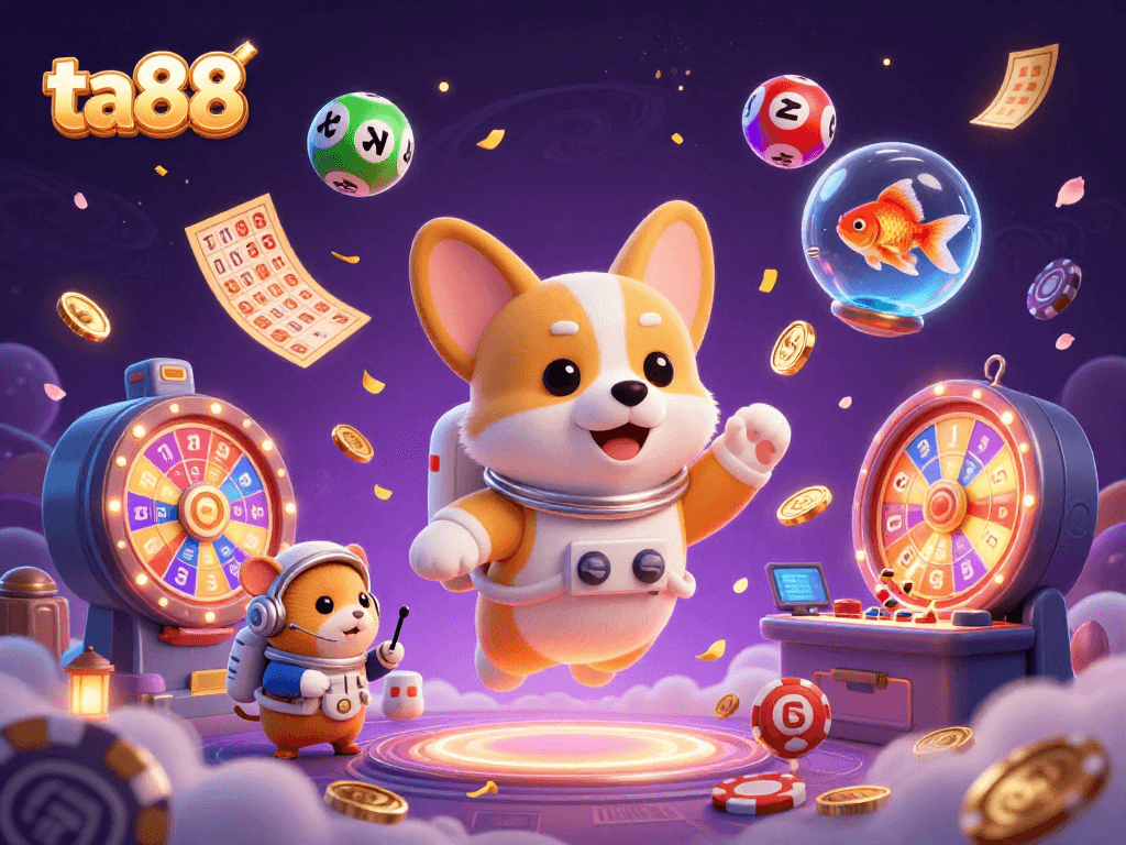 Engage in ta88’s thrilling space casino experience with a corgi astronaut and floating lottery elements.