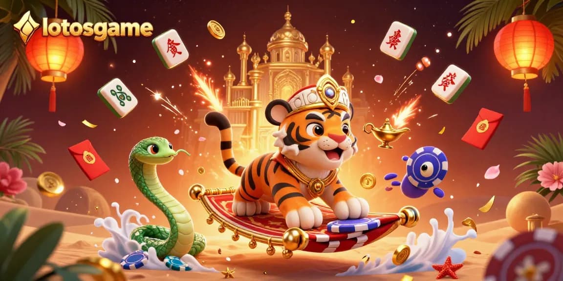Lotosgame engaging visual featuring a cartoon tiger sultan on a poker chip carpet surrounded by festive casino elements.