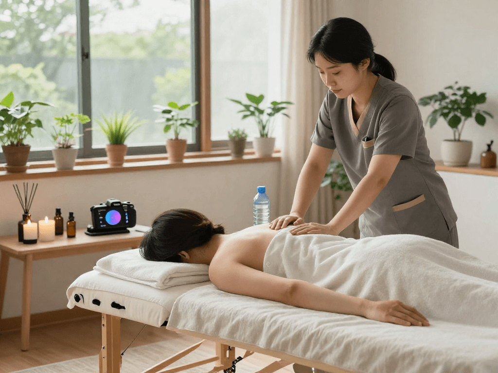 Relaxing 강남출장마사지 setup with a therapist in a serene home environment.