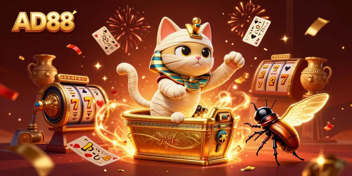 AD88 offers thrilling gameplay with an Egyptian mummy cat in a vibrant casino setting.