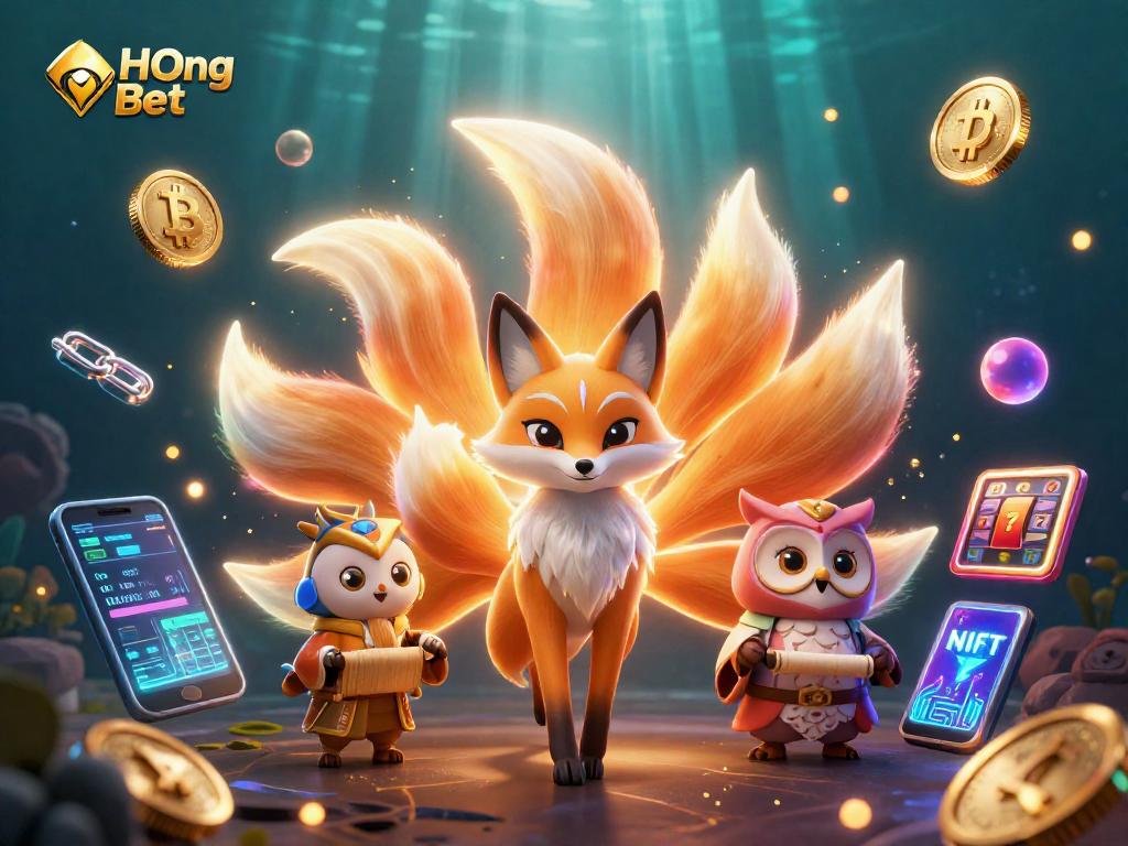 Experience Heng Ong Bet with a vibrant 3D casino illustration full of magical characters and crypto elements.