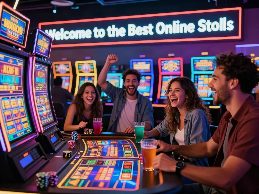 Dynamic online slot machine gaming scene featuring friends enjoying สล็อต together in a lively atmosphere.