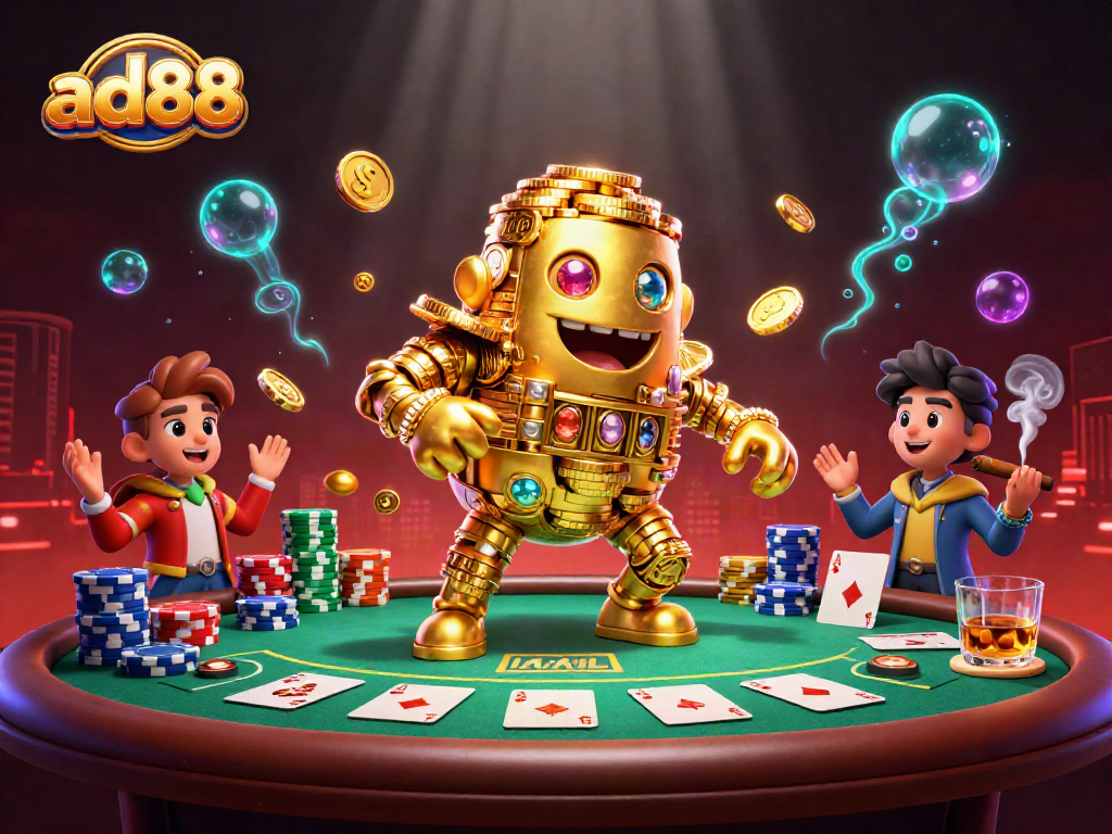 Experience the vibrant gaming scene with ad88's 3D golden golem surrounded by dynamic poker elements.