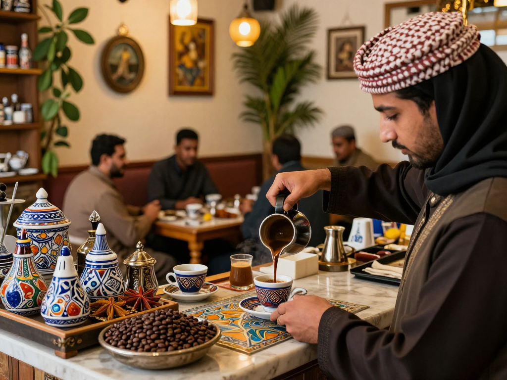 قهوجيين وصبابين يقدمون القهوة في مقهى عربي تقليدي بحضور زبائن وأجواء دافئة.