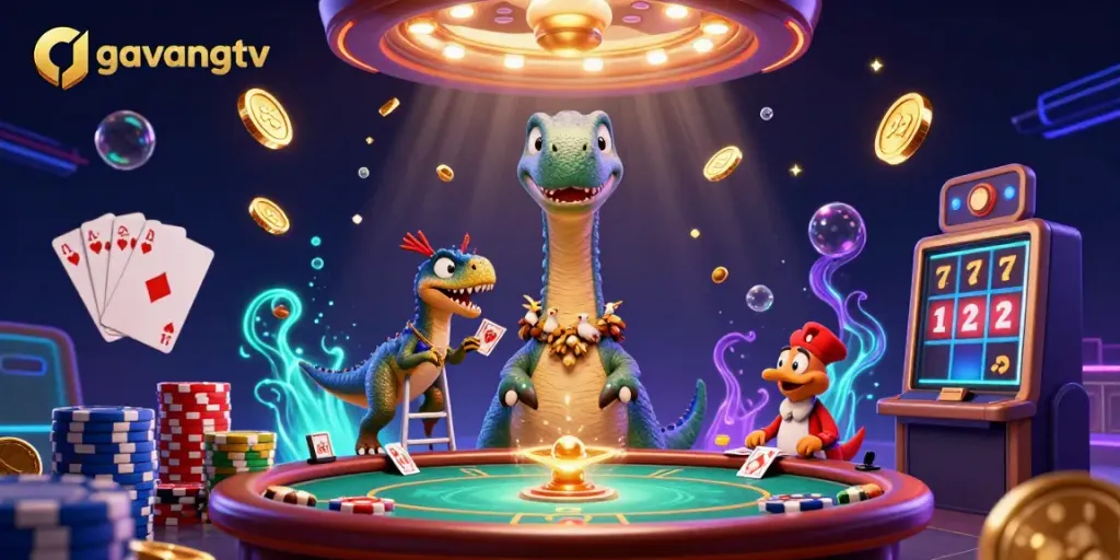 Experience thrilling moments with gavangtv at a vibrant casino scene featuring a colossal brontosaurus.