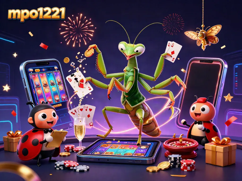 Experience the excitement of mpo1221's casino scene with a dynamic praying mantis and ladybug characters.