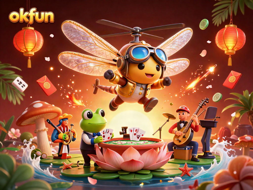 okfun invites players to a vibrant casino scene with whimsical characters and dynamic game elements.