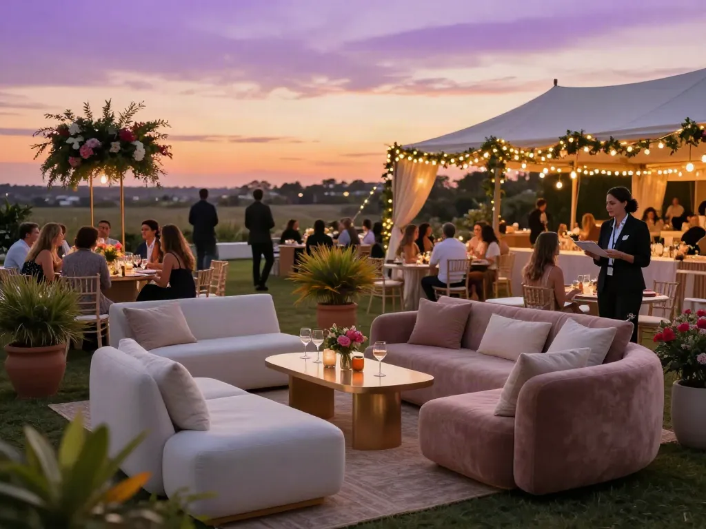 Stylish event furniture rental setup for outdoor cocktail reception.