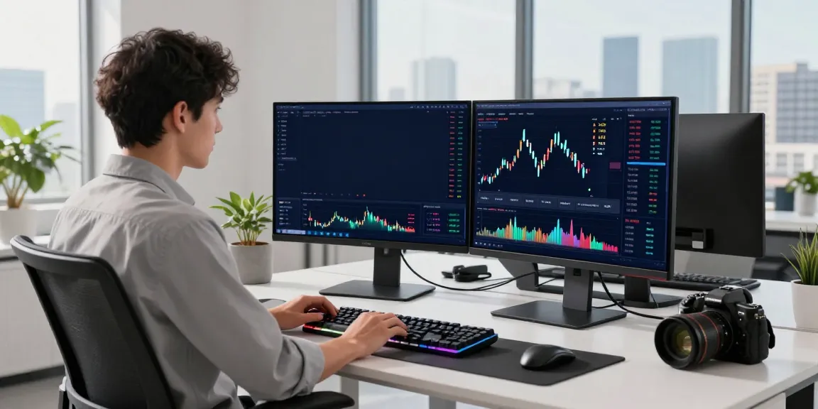 Real-time stock market API integration for cryptocurrency trading with advanced analytics setup in a modern office.