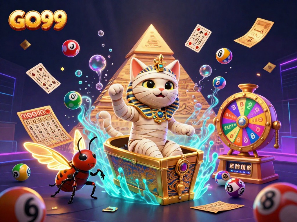 Engage in exciting lottery games with GO99 featuring vibrant 3D characters amidst dynamic casino elements.