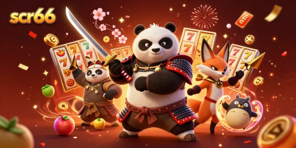 Engage with scr66's vibrant 3D digital illustration capturing a samurai panda, ninja fox, and magical tanuki in an exciting casino setting.