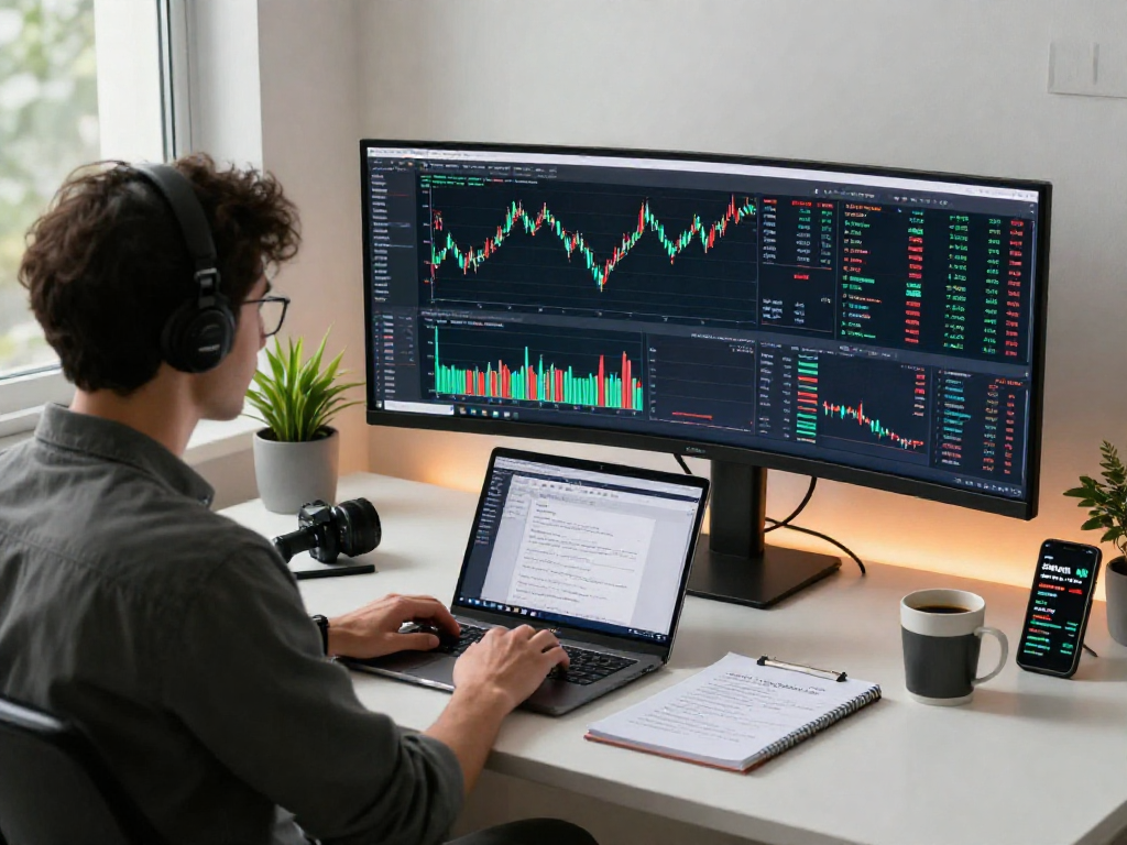 分析TradingView行情的现代交易员在家中办公室，显示器上多个加密货币图表，桌上有咖啡和笔记本。