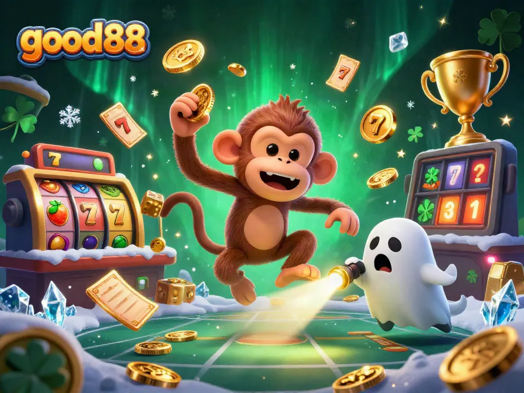 Experience the thrill of good88 with a lively 3D casino scene featuring a playful monkey and curious puppy.