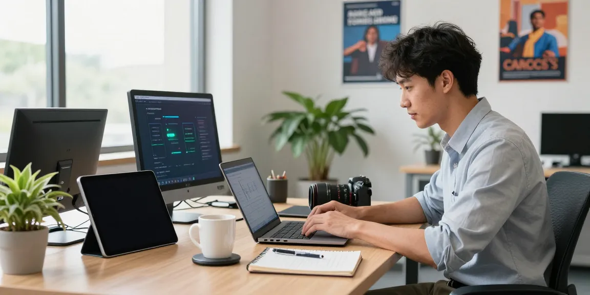 Professional using快连 for seamless remote work in a vibrant office workspace