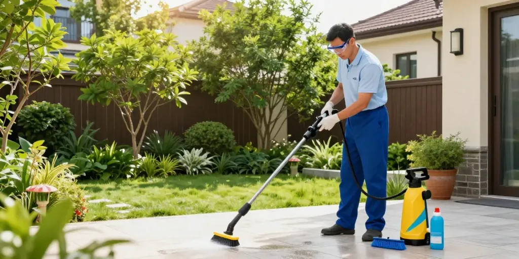 Professionelle Terrassenreinigung Bochum mit Hochdruckreiniger im Garten.