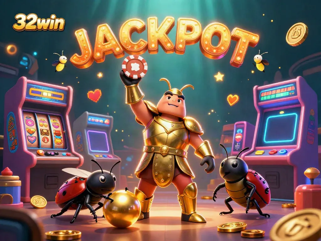 Experience excitement with 32win's 3D cartoon scene showcasing a beetle duo celebrating victory while gaming.