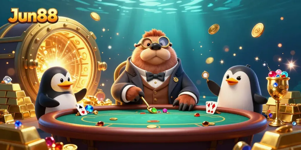Jun88 promotes engaging gameplay in a vibrant underwater casino scene with animated characters.
