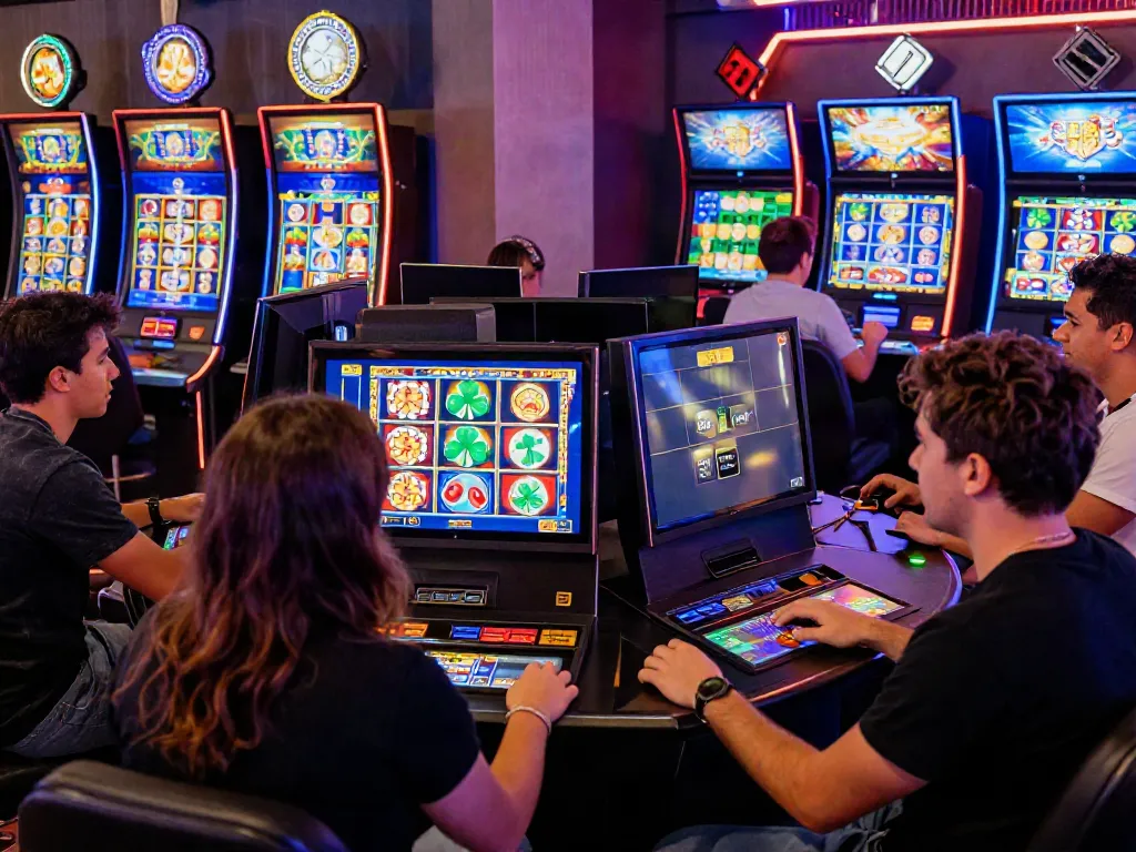 Players engaging with vibrant digital slot machines at link slot777 gaming platform.