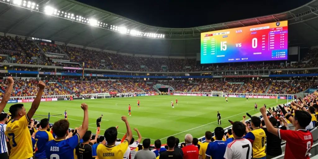 Fans cheering at a football game on tebakskor889.org, vibrant atmosphere and live action.