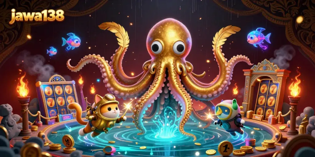 Engage with exciting jackpot action featuring jawa138's kraken and diving cat in a vibrant casino scene.