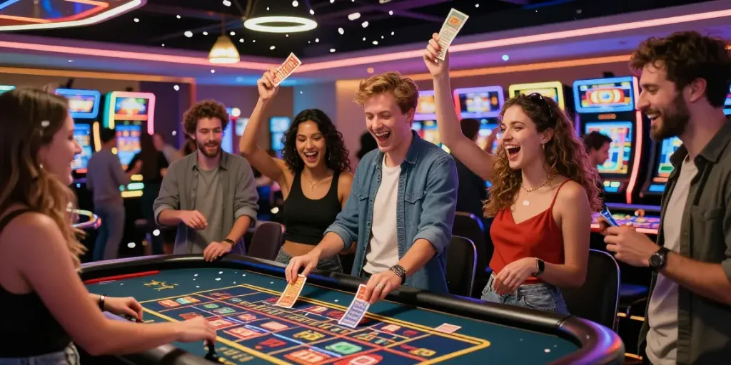 Pengalaman ratutogel yang menyenangkan di kasino modern dengan teman-teman merayakan kemenangan.