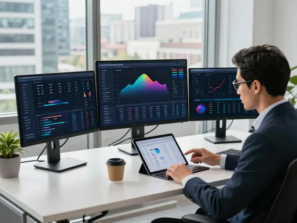 SEO expert analyzing keyword trends and data analytics for geo generative engine optimization in a modern office.