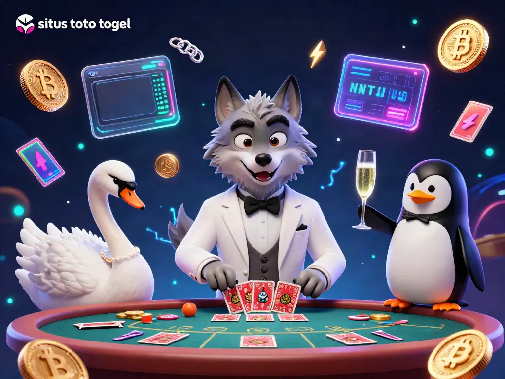 Engage with situs toto togel as a debonair wolf plays baccarat in a vibrant casino scene with a swan and penguin.