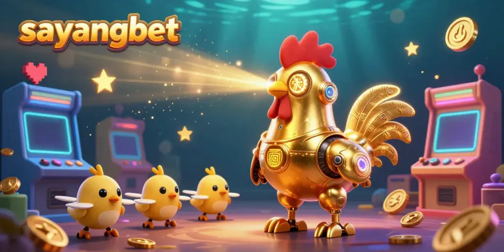 Experience the thrill at sayangbet with the golden rooster robot and arcade games illuminating the casino atmosphere.