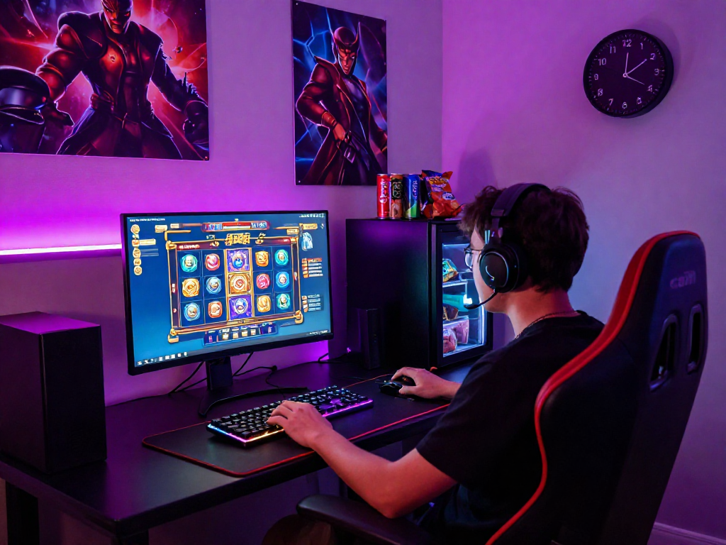 Immersive gaming scene showcasing slot game excitement with a player at a vibrant online setup.