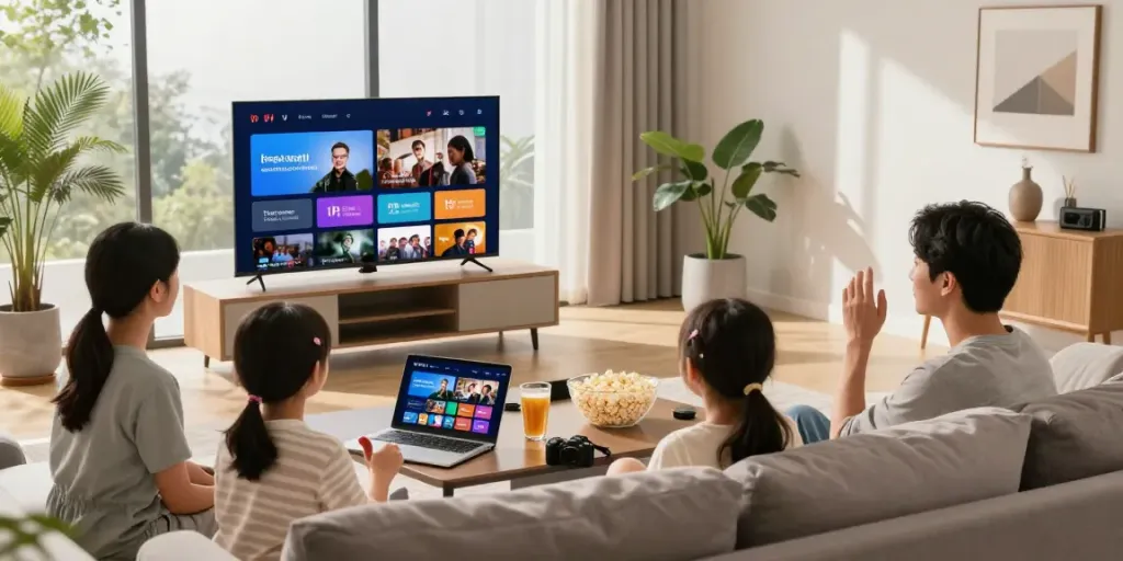 Best IPTV service in a cozy family living room with a modern TV.