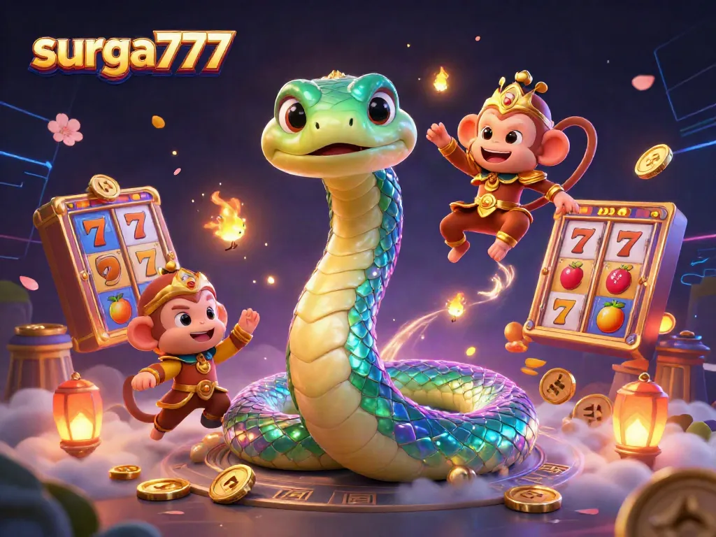 Spin to win at surga777 with vibrant game elements and dynamic action in this colorful slot-themed illustration.