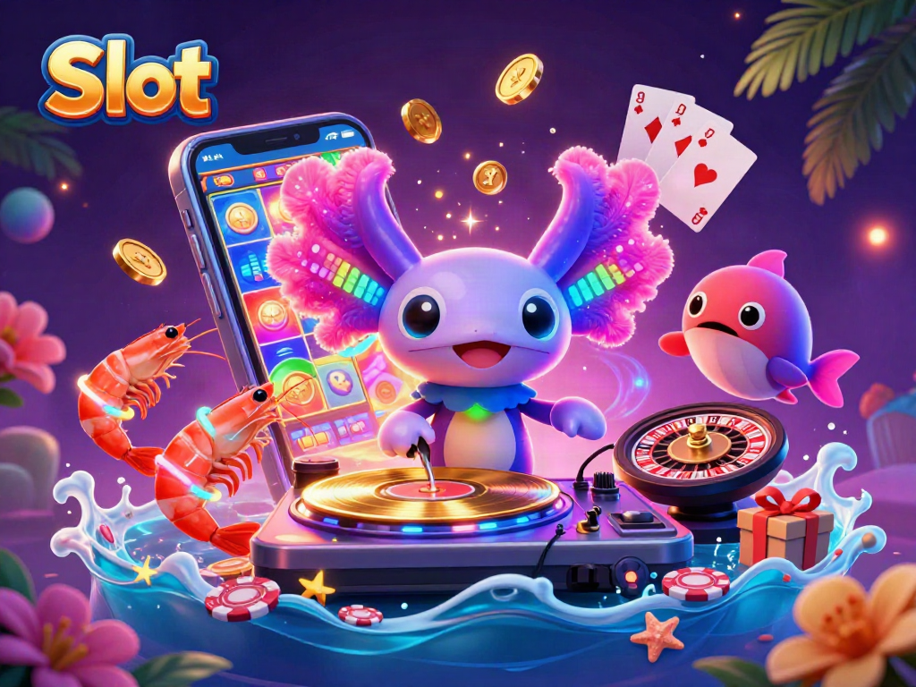 Engage with vibrant Slot gaming, featuring neon axolotl DJ and dynamic game elements.