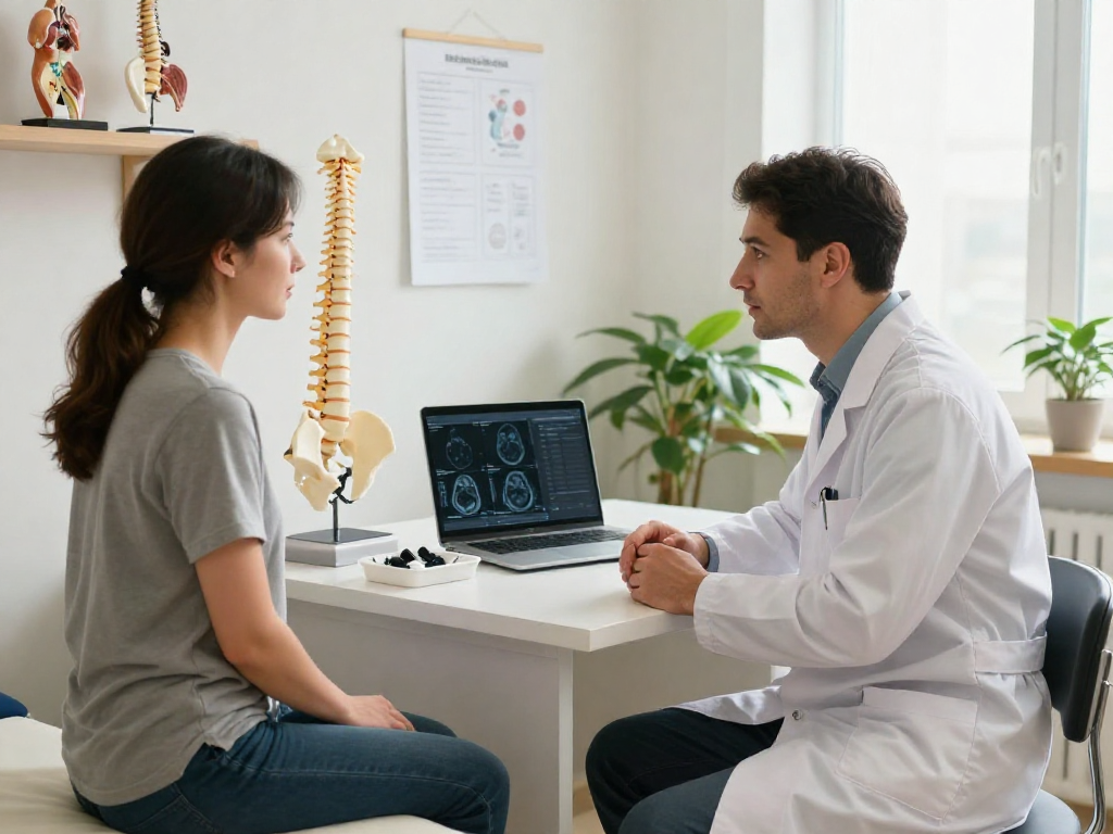 Discussing bel fıtığı ameliyatı options in a medical clinic with a caring orthopedic surgeon.