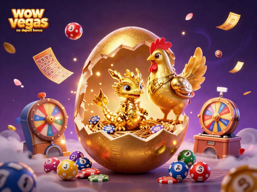 Play and win with the wow vegas no deposit bonus in this vibrant 3D casino illustration.