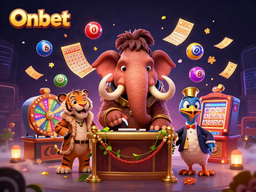Experience the lively atmosphere at Onbet with colorful lottery balls and friendly casino characters.