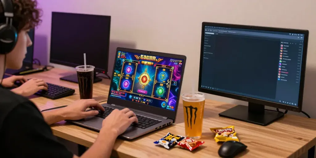 Player enjoying a slot gacor game with vibrant graphics at home, with snacks and drinks.