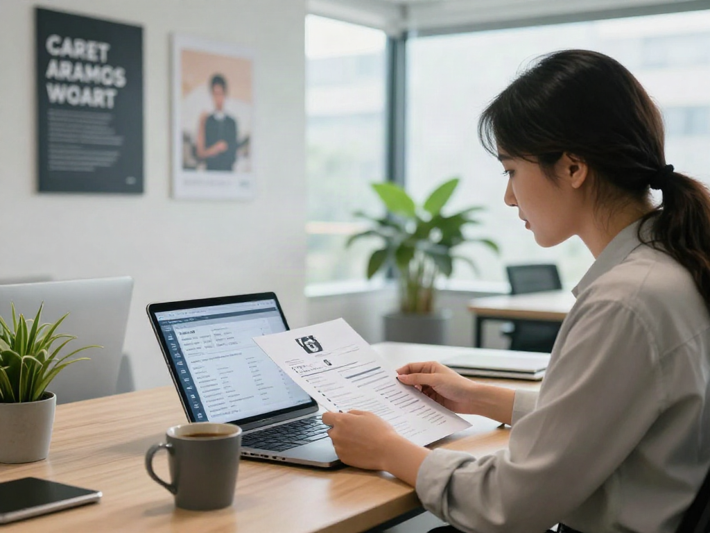 Job seeker หางาน using a laptop and tablet in a modern office.