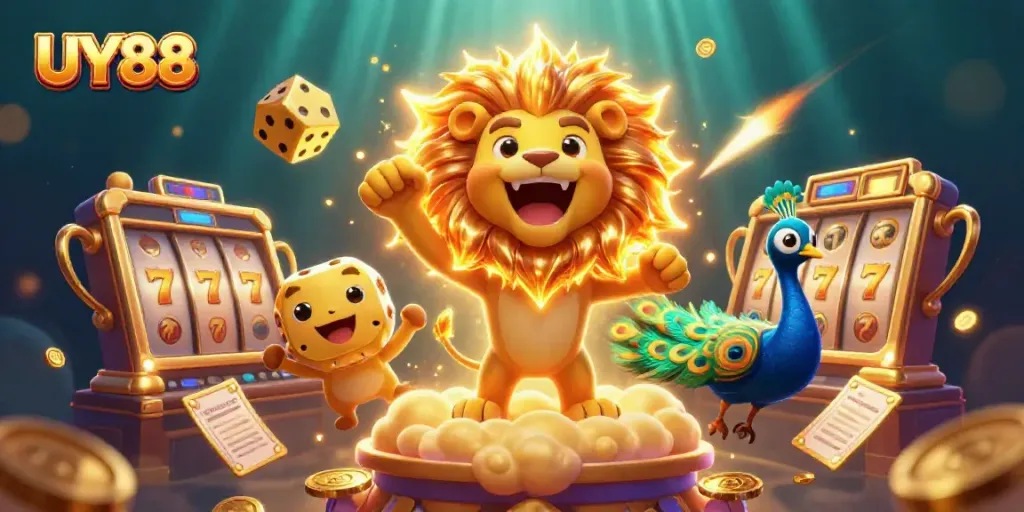 Experience the thrilling world of UY88 as the sun lion roars amidst slots and jackpots.