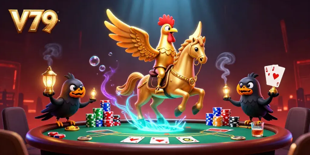 Experience the excitement of V79 with a golden rooster in a vivid casino scene.