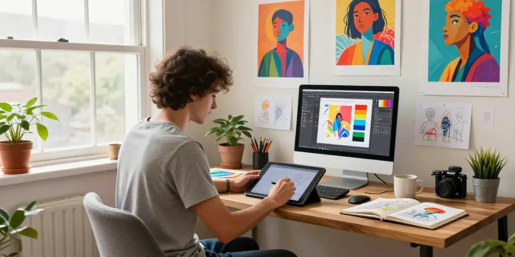 How to use an AI art generator in a creative home office with an artist at work.