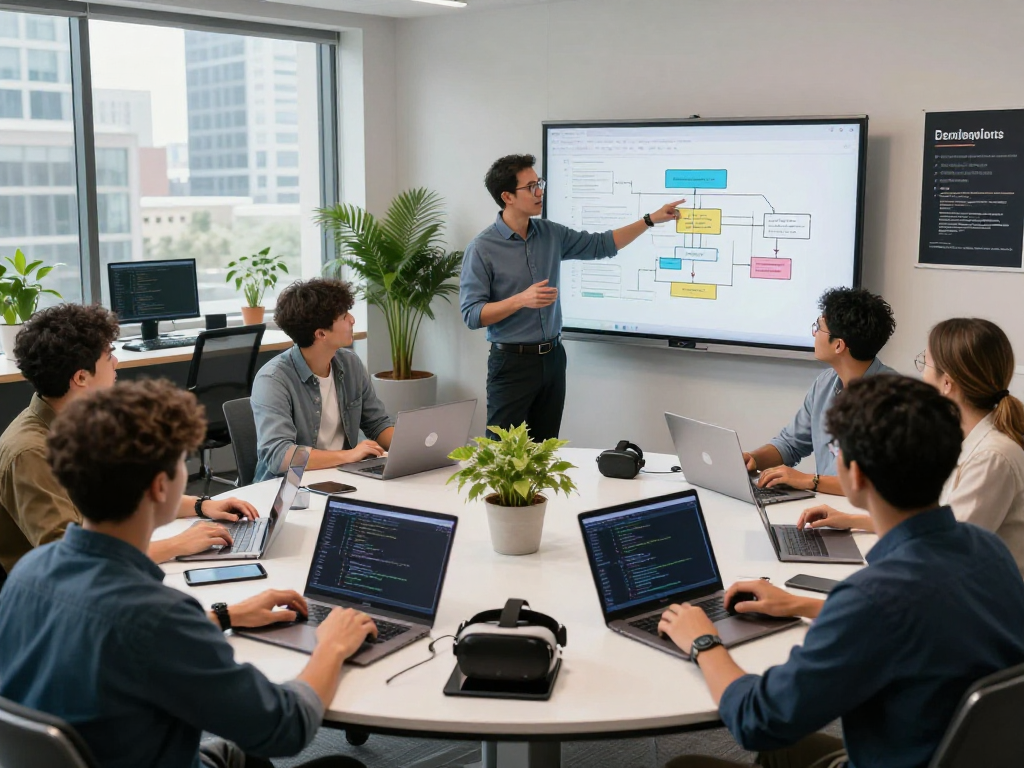 Best software development company in Nigeria collaborating in a vibrant tech workspace, showcasing innovative coding and teamwork