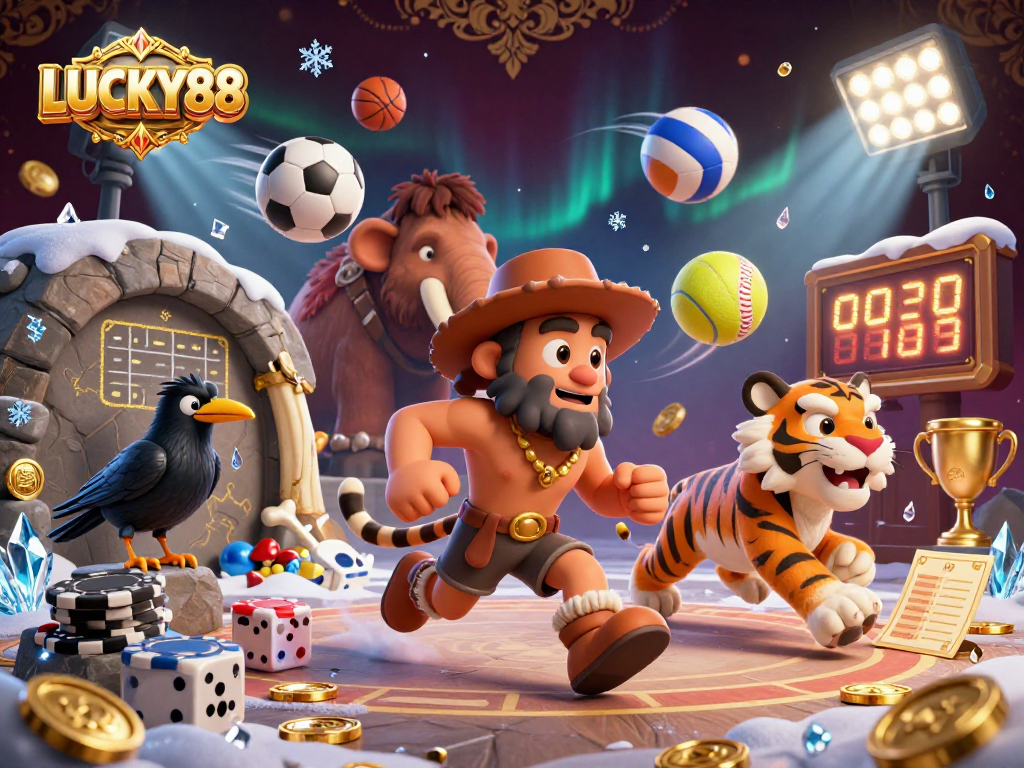 Experience LUCKY88 in this vibrant 3D casino illustration showcasing dynamic sports betting action.