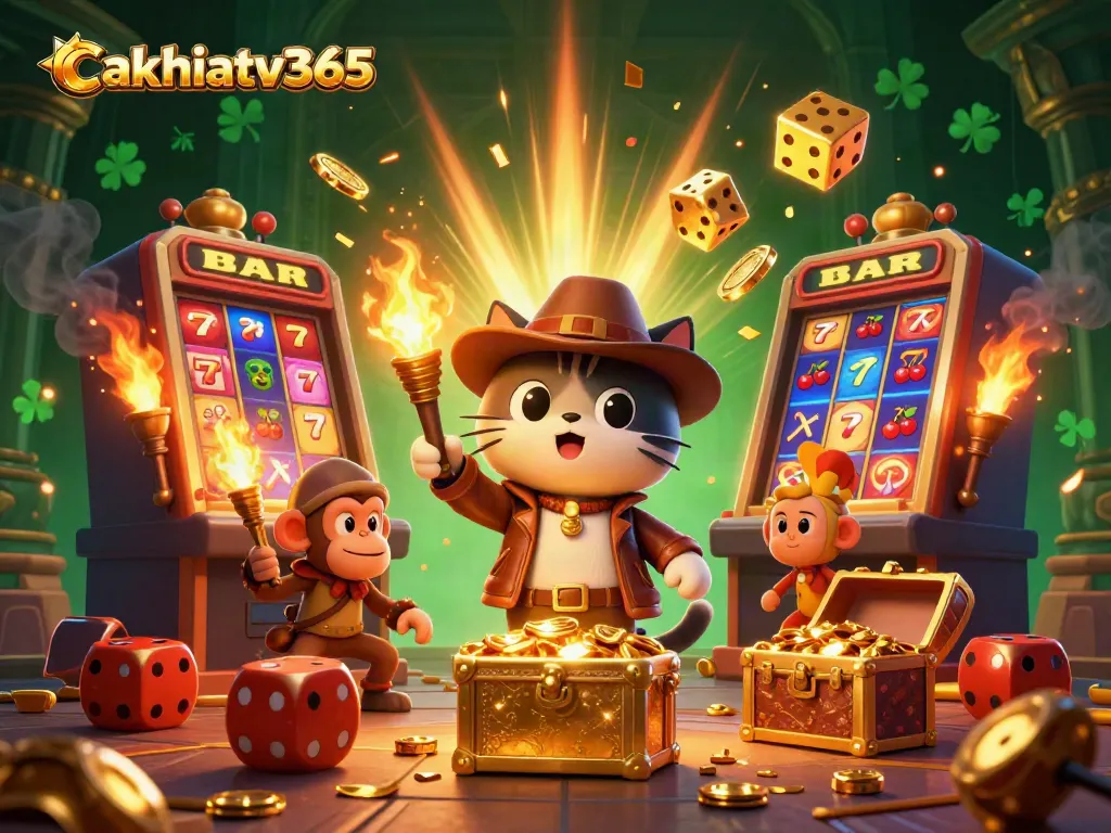 Cakhiatv365 showcases a cartoon archaeologist cat discovering casino treasures amidst a vibrant casino scene.