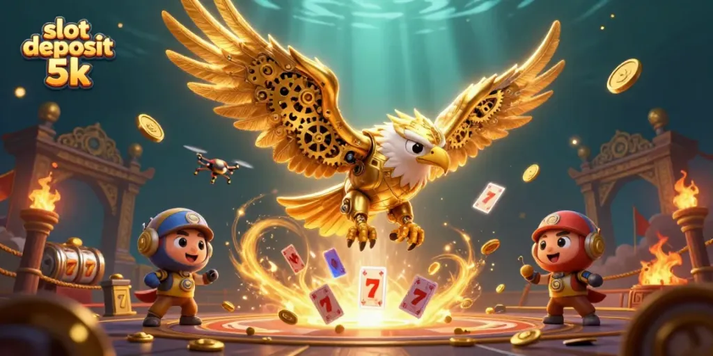 Experience the excitement of slot deposit 5k with a powerful 3D cartoon golden eagle illustration.