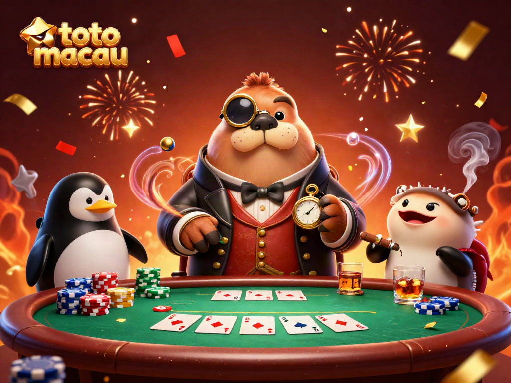 Gambarkan toto macau dengan walrus kartun berseragam, dealer penguin, dan ikan puffer dalam permainan kartu poker.
