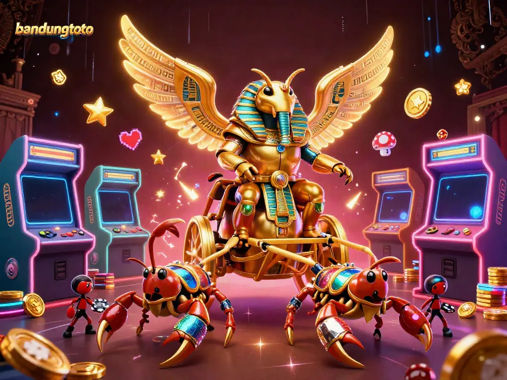 Experience vibrant gaming action with bandungtoto, featuring a golden scarab beetle and dynamic casino elements.